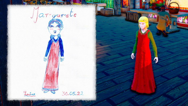 Portrait of young Margrete by Luisa Araujo-Skartveit, aged 8, after seeing a demo of the HiStoryGame and trying it out