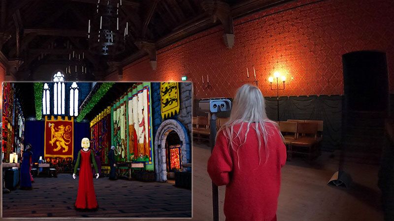 Ic3D stereoscopic viewer inside Great Hall with insert of 3D Queens Game footage of the Hall in 1363, as seen through viewer