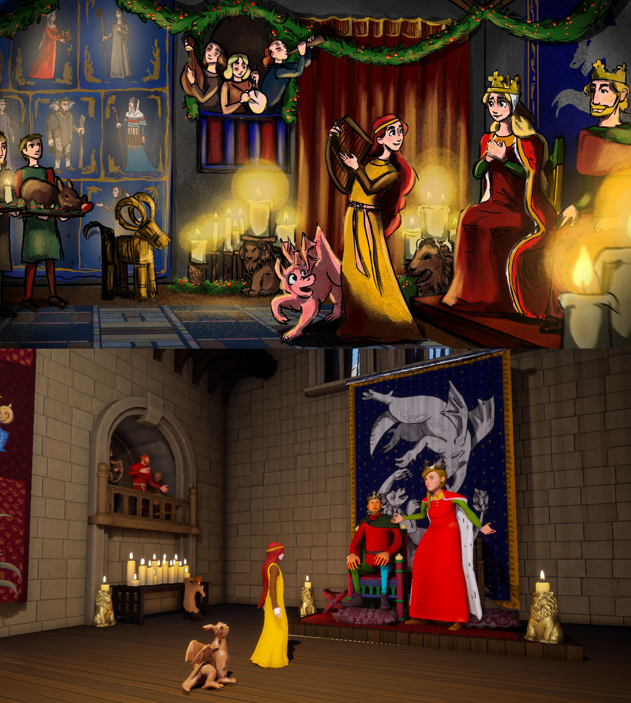 Lunete plays and sings in Gunvor’s Hall - scene concept painting by Wenche Hellekås and ingame test screenshot