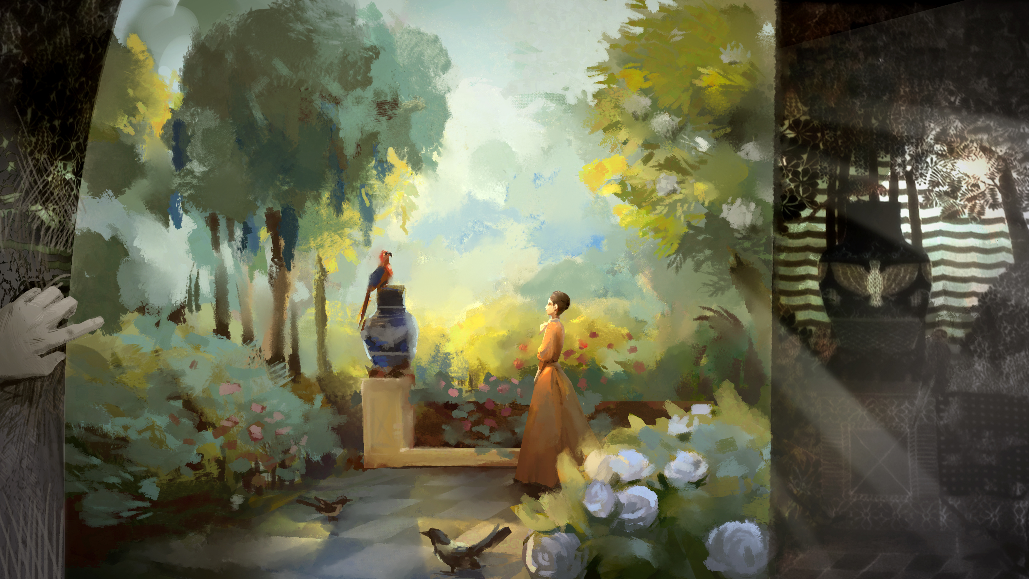 maleri av kvinne i en solrik hage